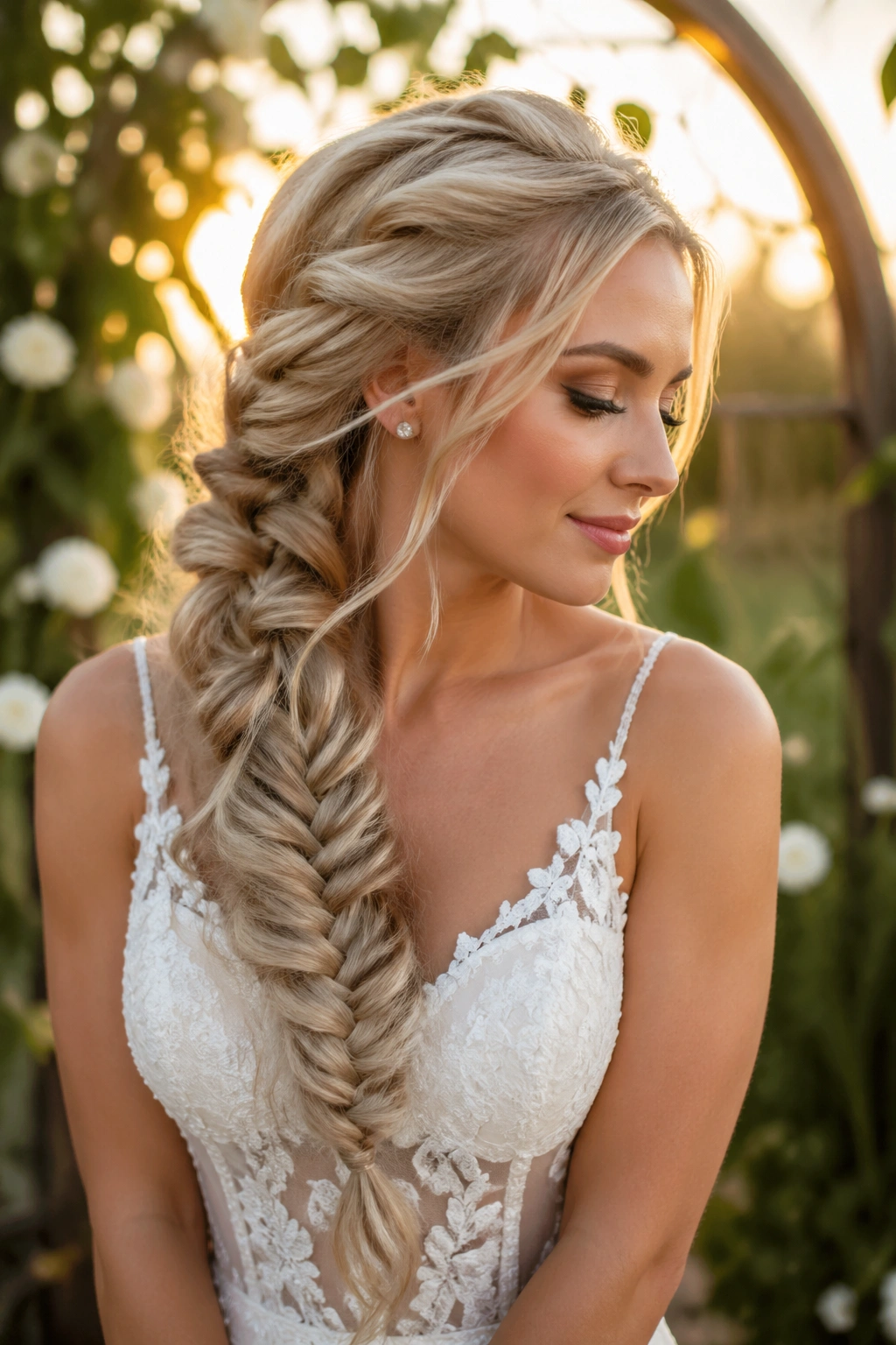 Bride wearing a full-volume pull-apart fishtail braid with broad loops
