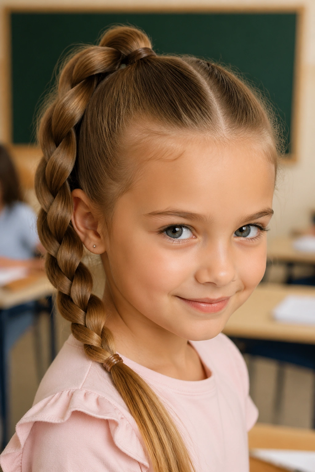 Close-up of a child with a pull-through braid in a sunlit classroom