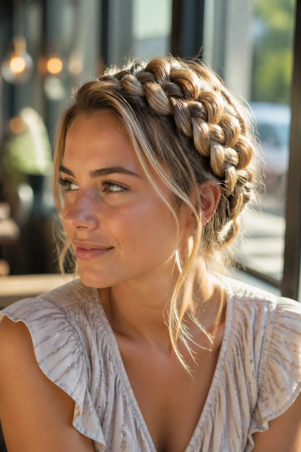 Close-up of a real woman with a pull-through braid headband showing stacked loops