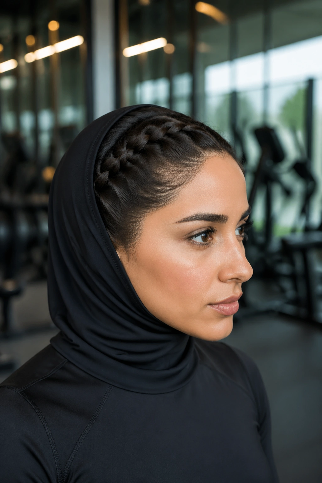 Close-up of pull-through braid under hijab on real woman in gym