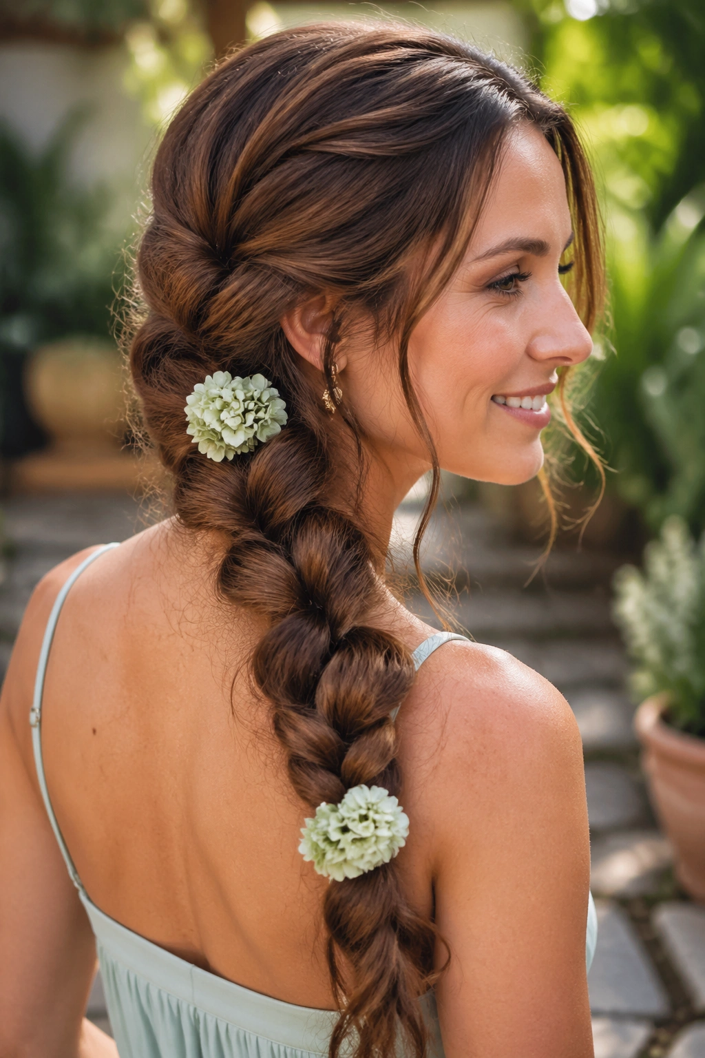 Real woman with pull-through braid and hydrangea cluster at elastic point, garden backdrop.