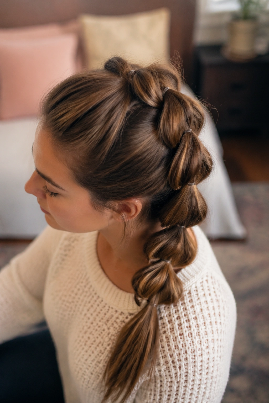 Portrait of a person with a pull-through braid at the crown