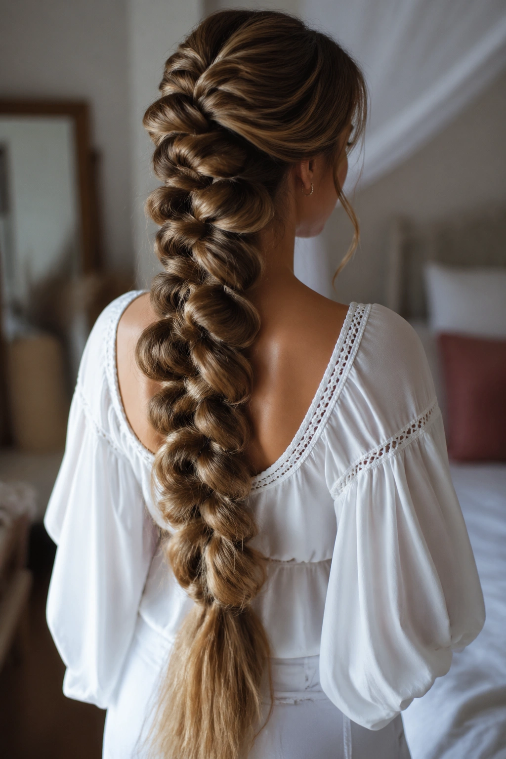 Close-up of a real person with waist-length hair in a Classic Pull-Through Mermaid Braid.