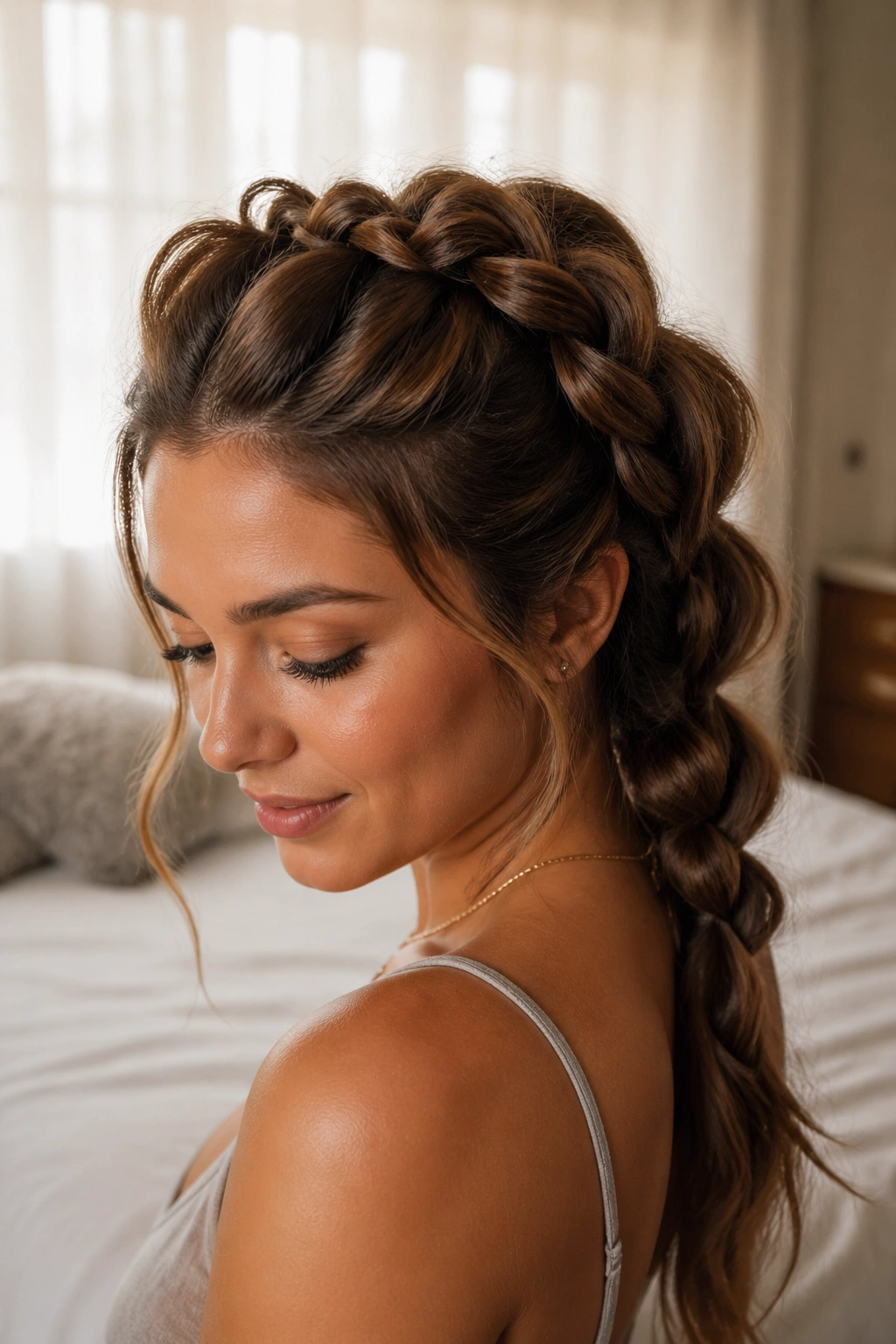 Close-up portrait of a real woman with a pull-through braid and pillowy texture