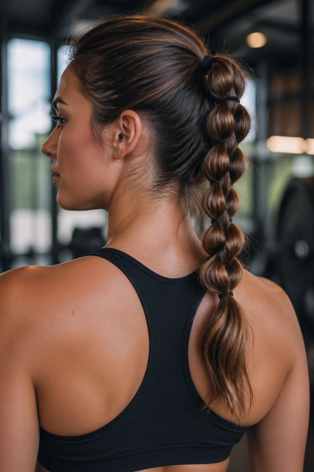 Close-up of pull-through braid ponytail on a real woman during training