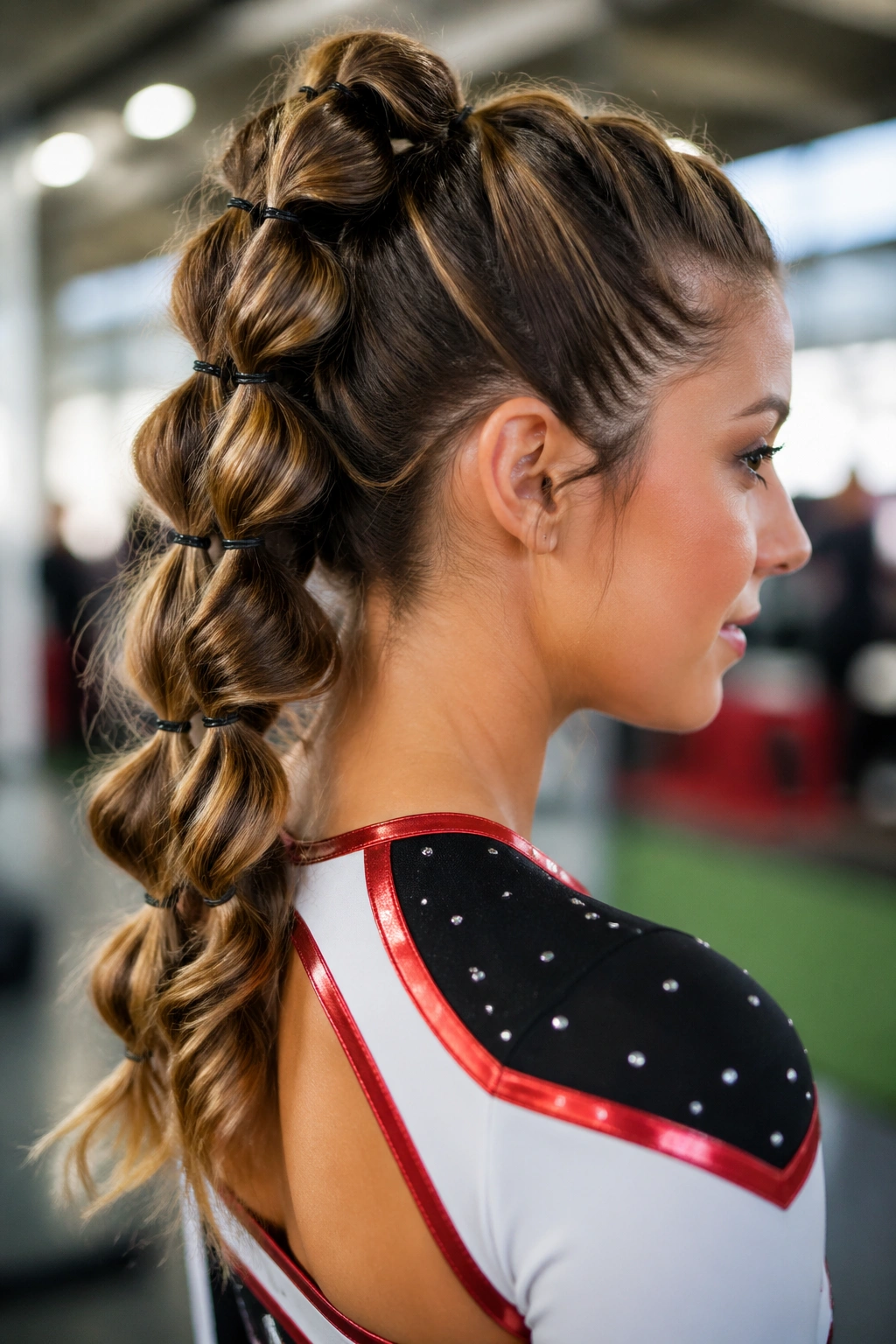 Close-up of a real woman's head with pull-through braided ponytail in a backstage area