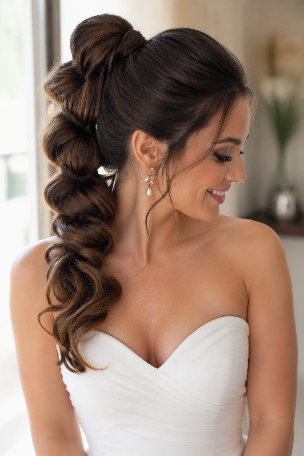 Portrait of a real bride with a pull-through braid ponytail and strapless neckline