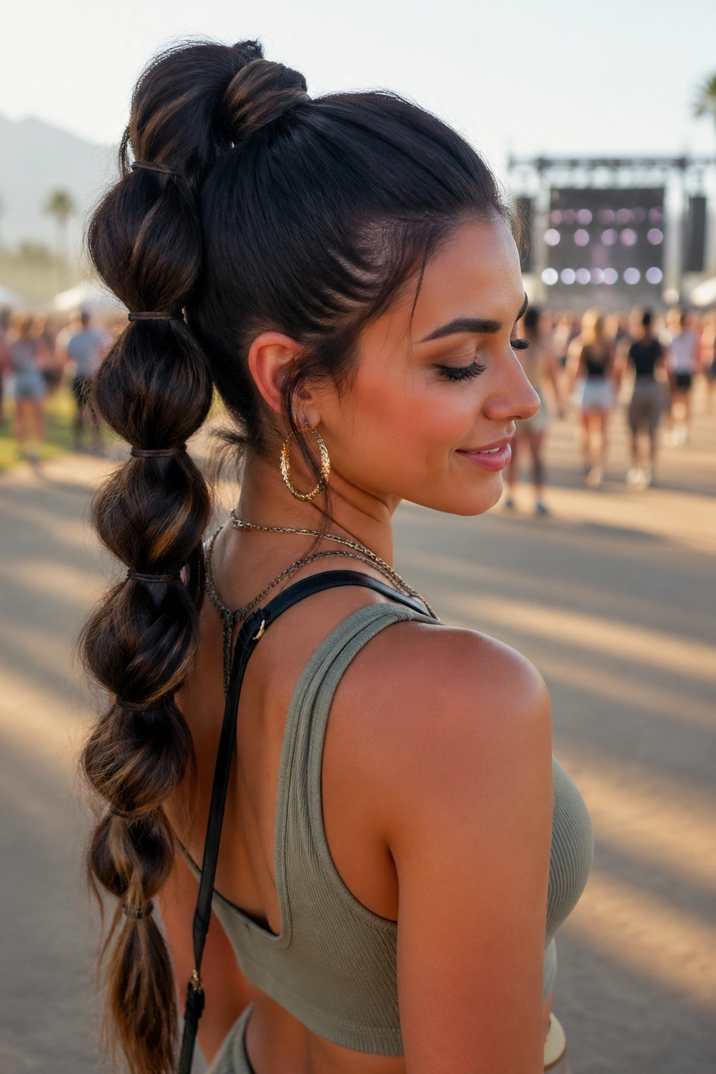 Real person with pull-through braid ponytail at festival