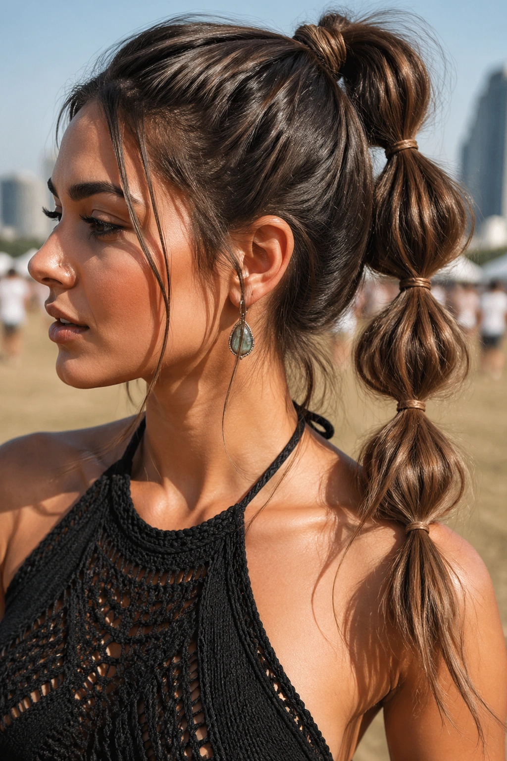 Real person with a pull-through braid ponytail in bright daylight