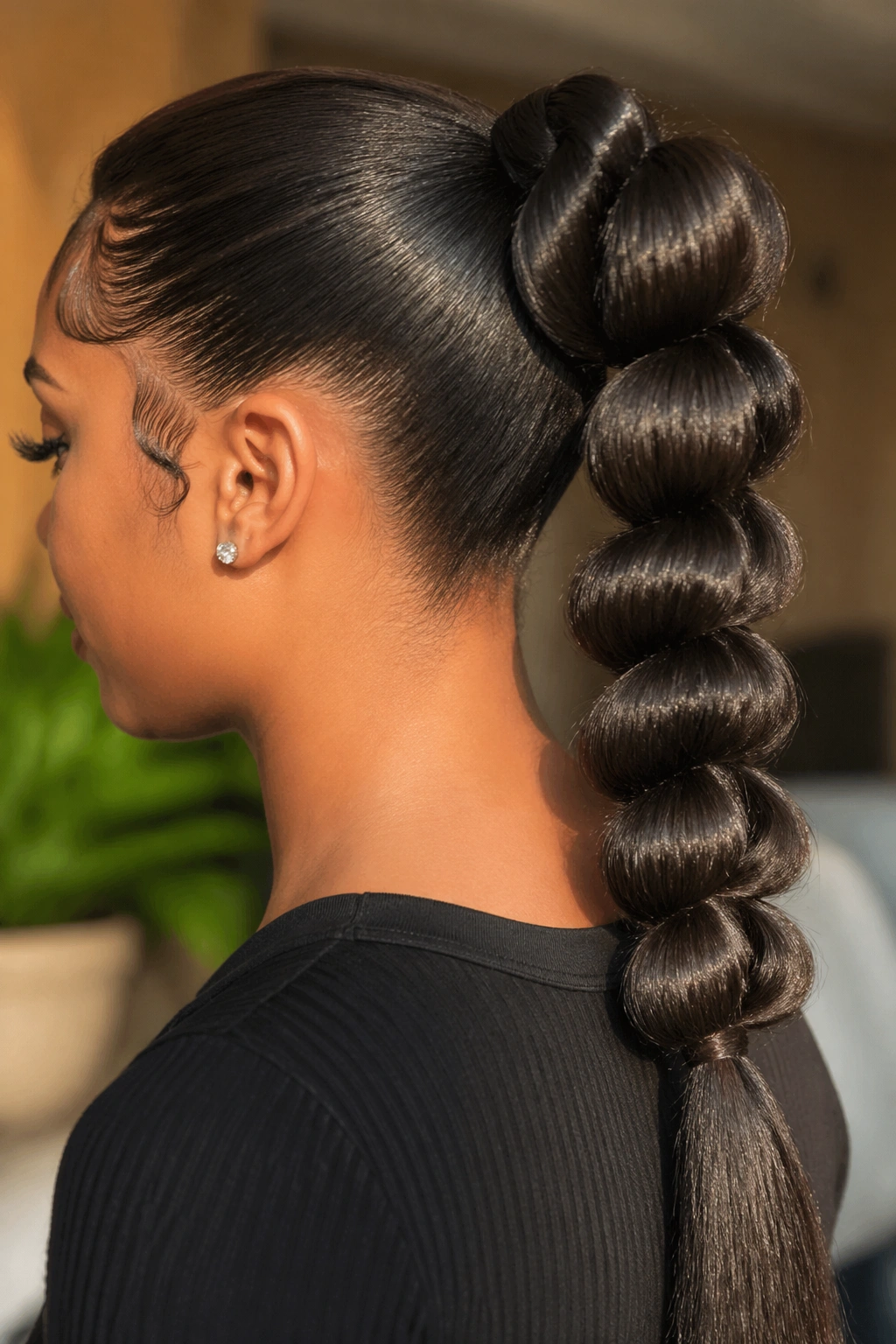 Close-up of a woman with pull-through braid ponytail showing shine
