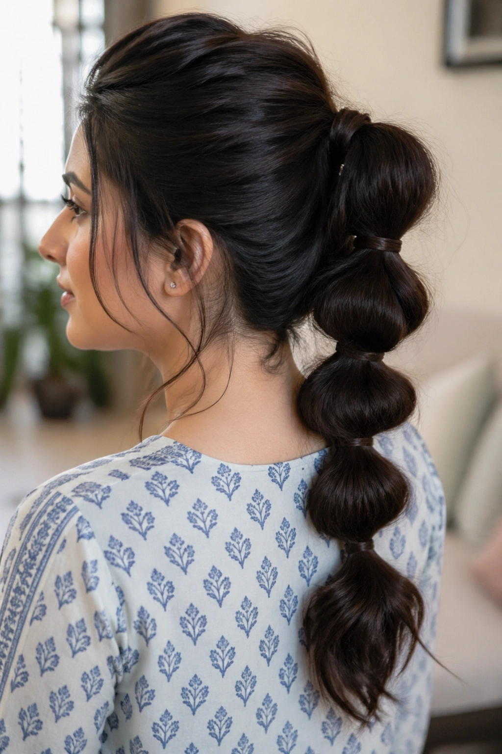 Portrait of a real woman with a pull-through braid showing voluminous loops along the back of her head