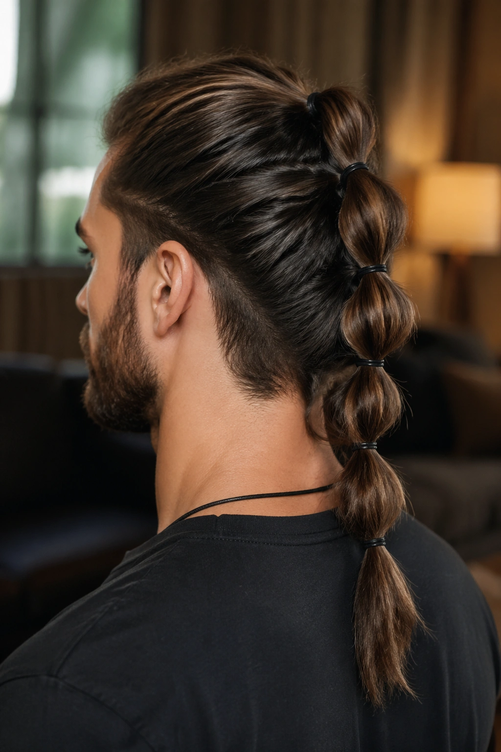 Close-up portrait of a man with a pull-through braid along the back of the head.