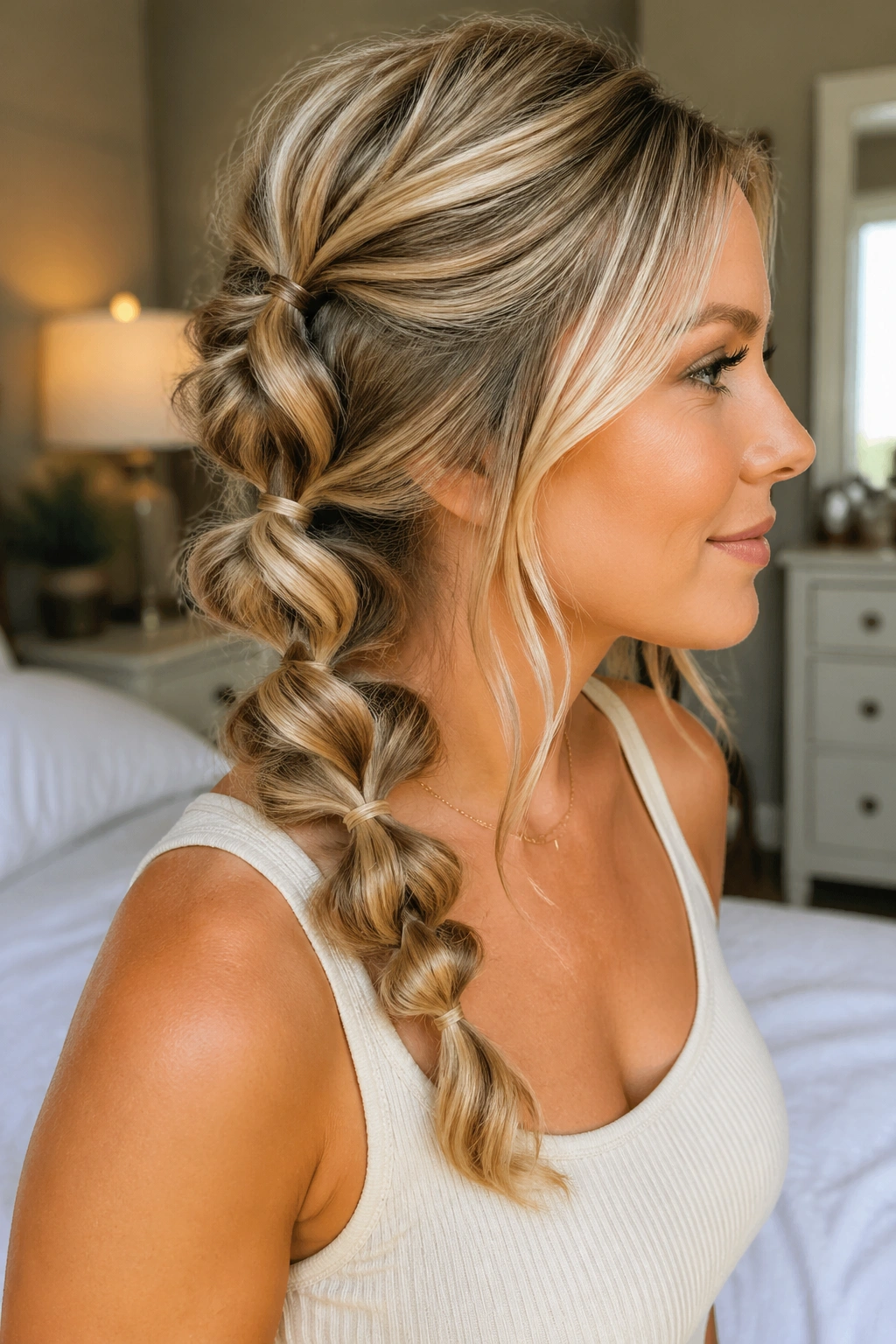 Close-up of a real woman with a pull-through braid across the crown