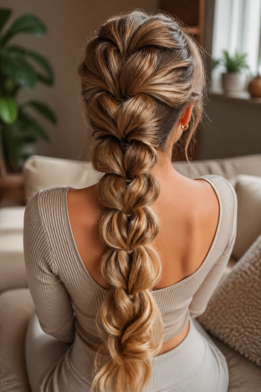 Close-up of a real woman's voluminous pull-through braid with looping sections