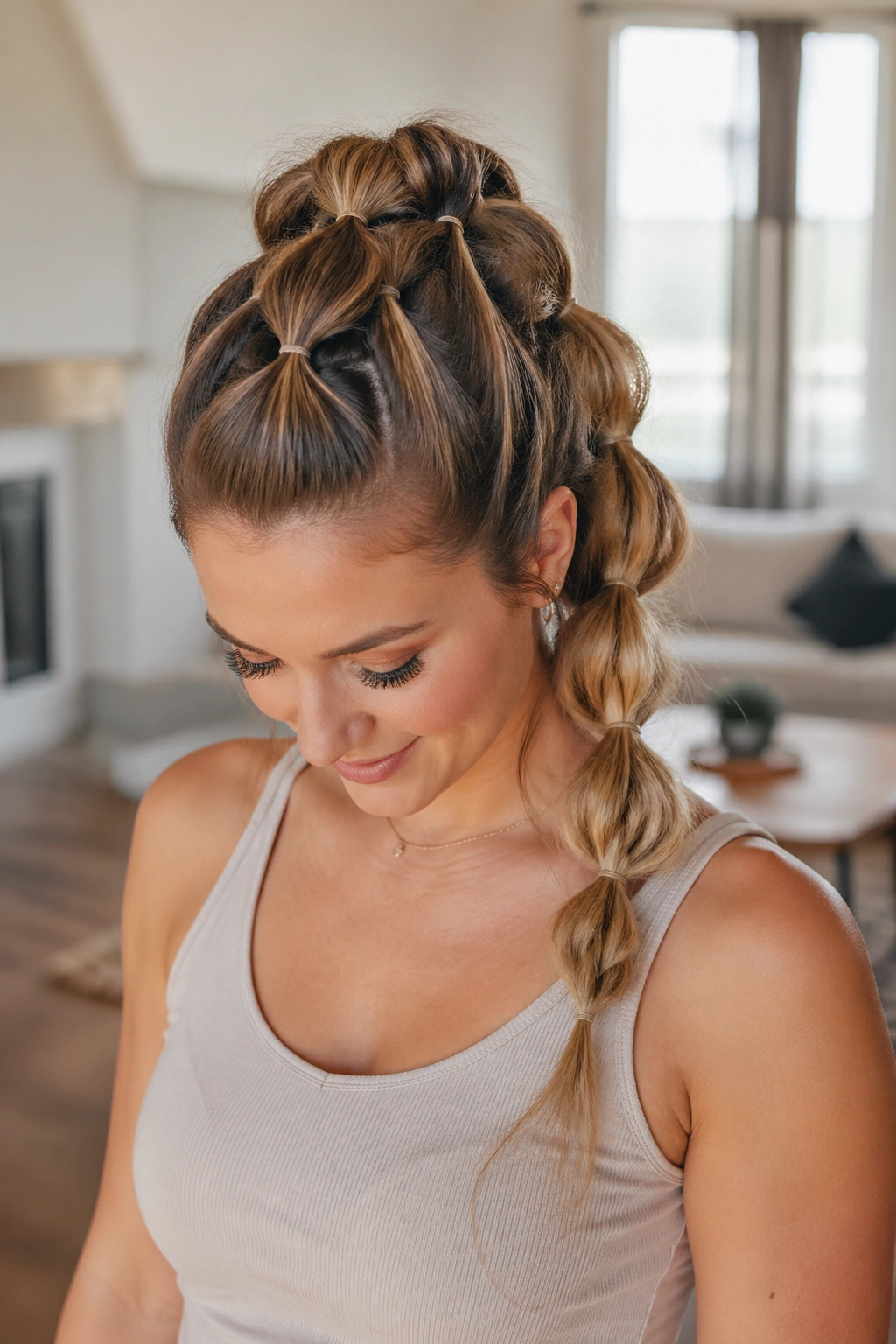 Real woman with pull-through braid showing chained ponytails along the crown