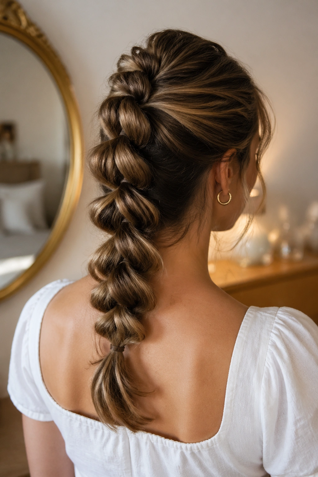 Close-up of a real woman with a pull-through braid creating a full-look ponytail chain along the back of the head