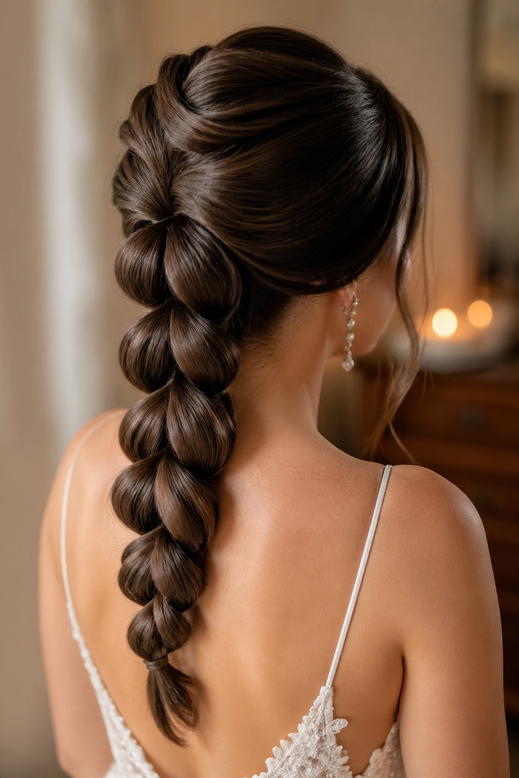 Close-up bride with pull-through satin braid along the back