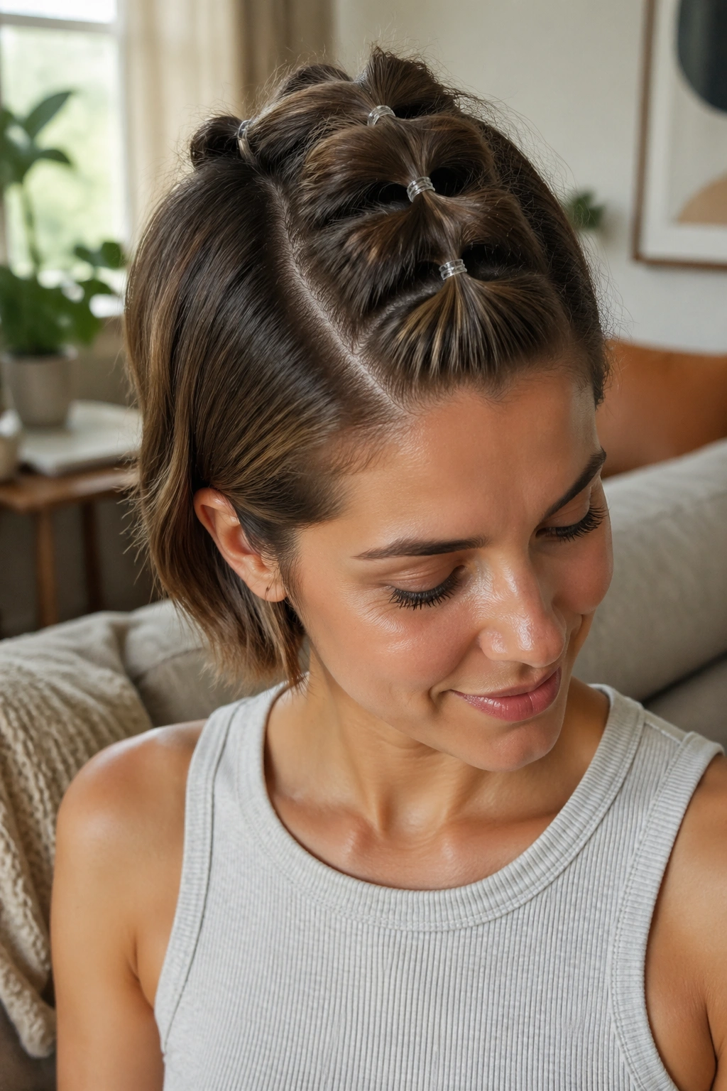 Close-up of a real person with a pull-through braid on short hair