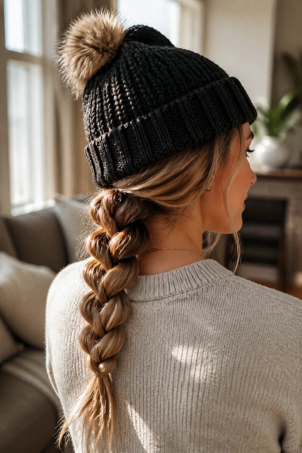 Close-up of a pull-through braid on a real person, stacked loops along the back of the head.