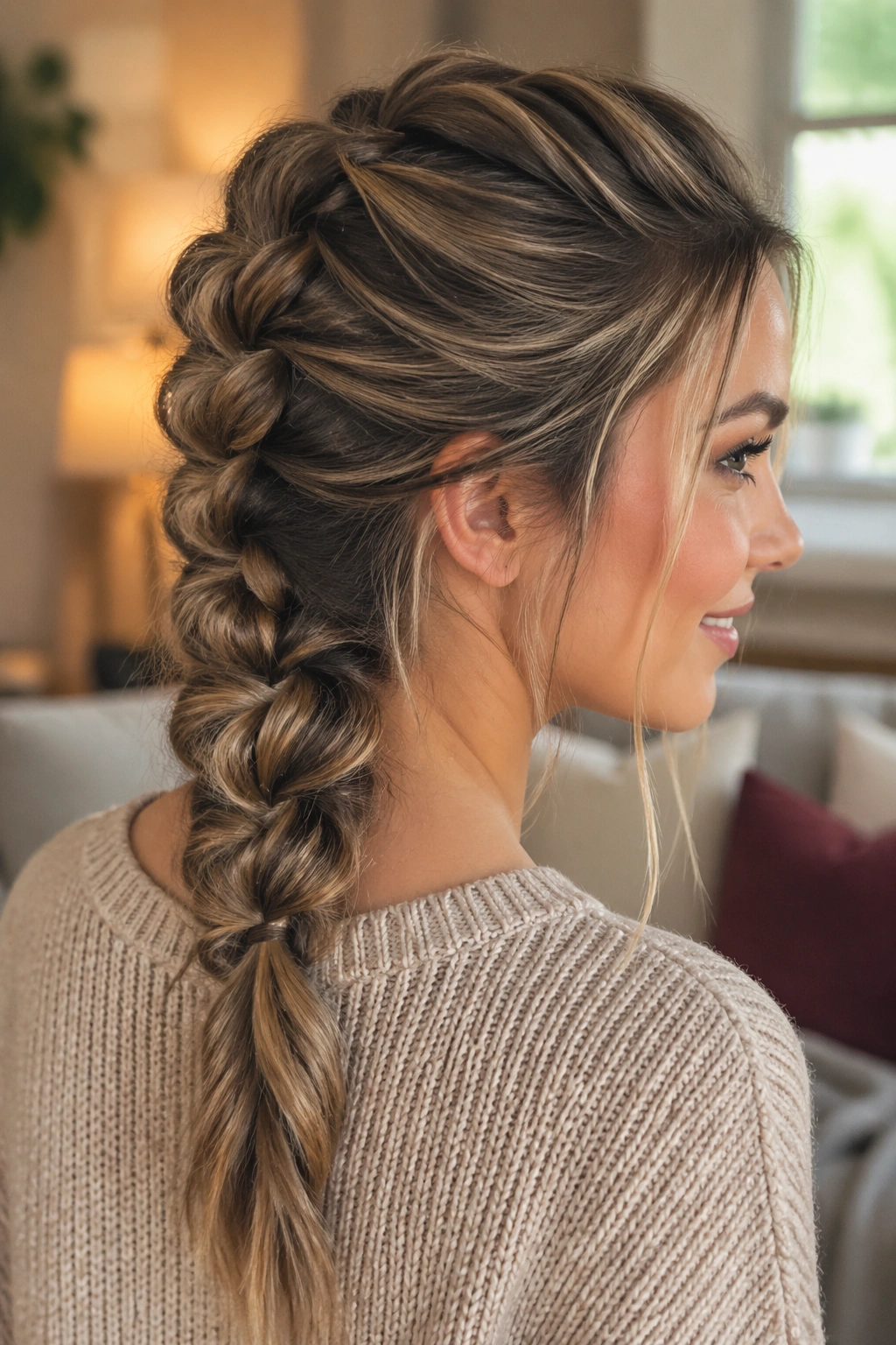 Close-up of a woman's hair in a textured pull-through French braid.