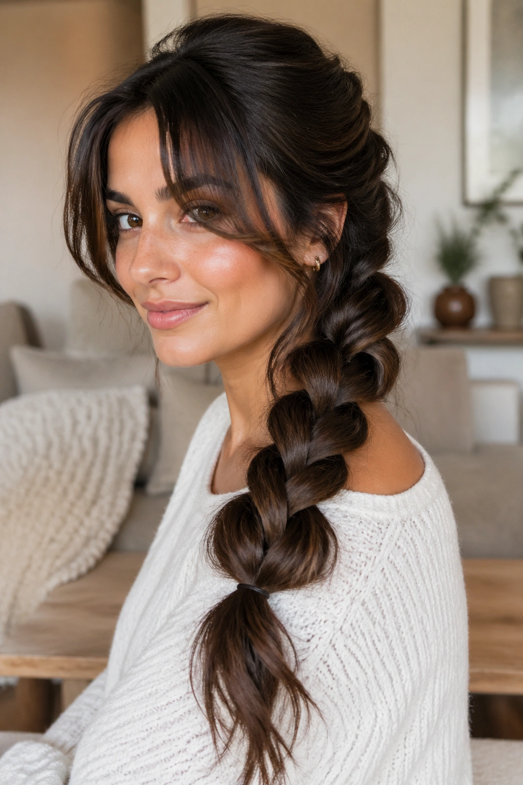 Real woman with a pull-through braid on thick long hair.