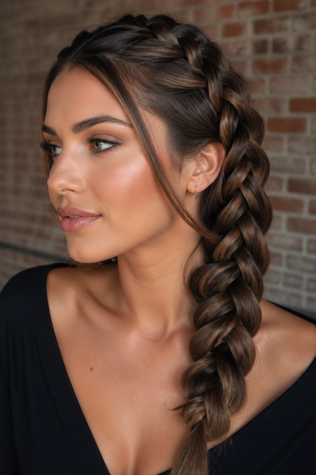 Close-up of a real woman wearing a side pull-through braid with thick panels