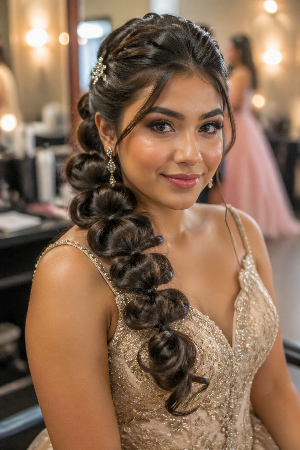 Medium close-up of a woman with a voluminous pull-through braid