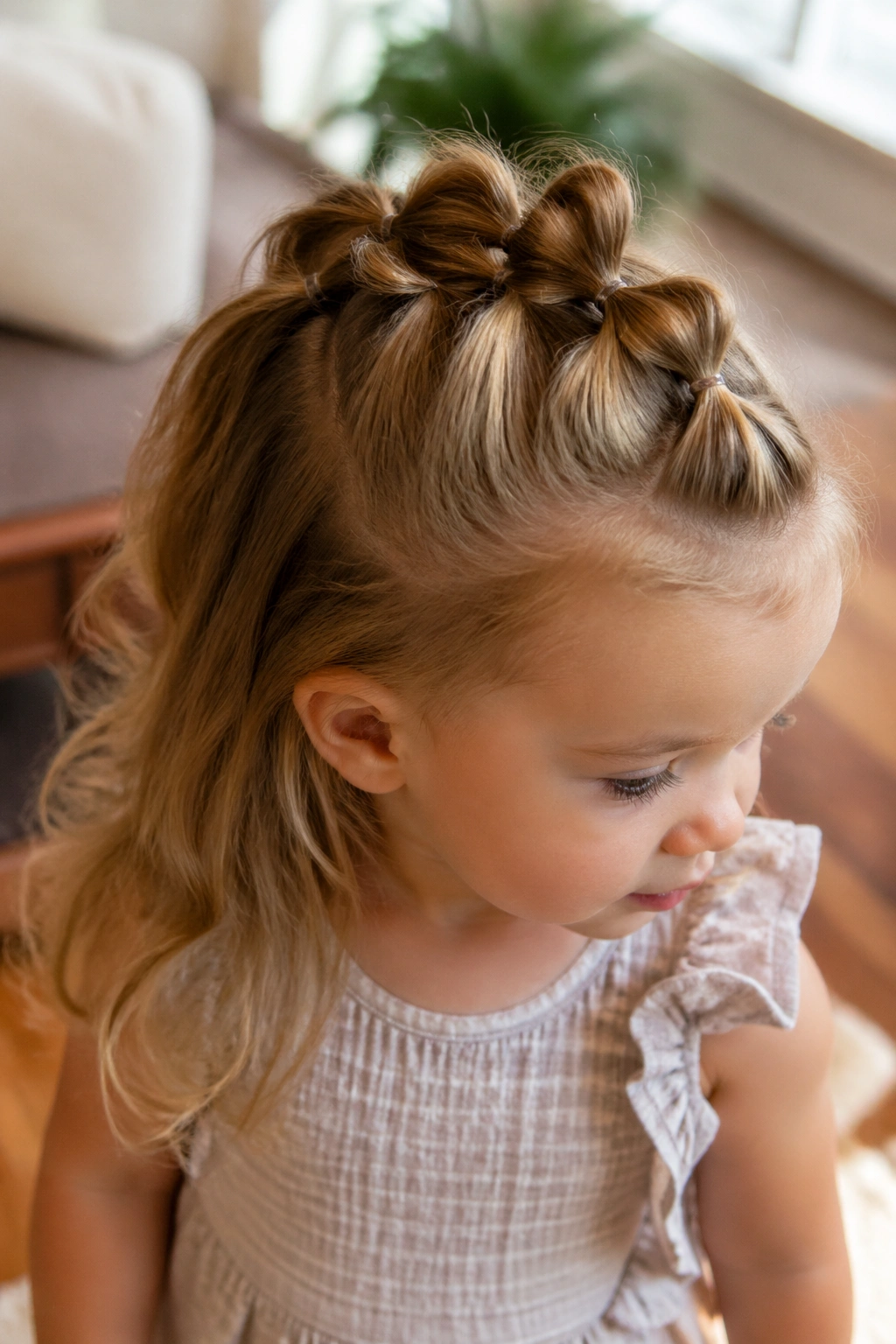 Toddler with pull-through pancake braid and bubble ends