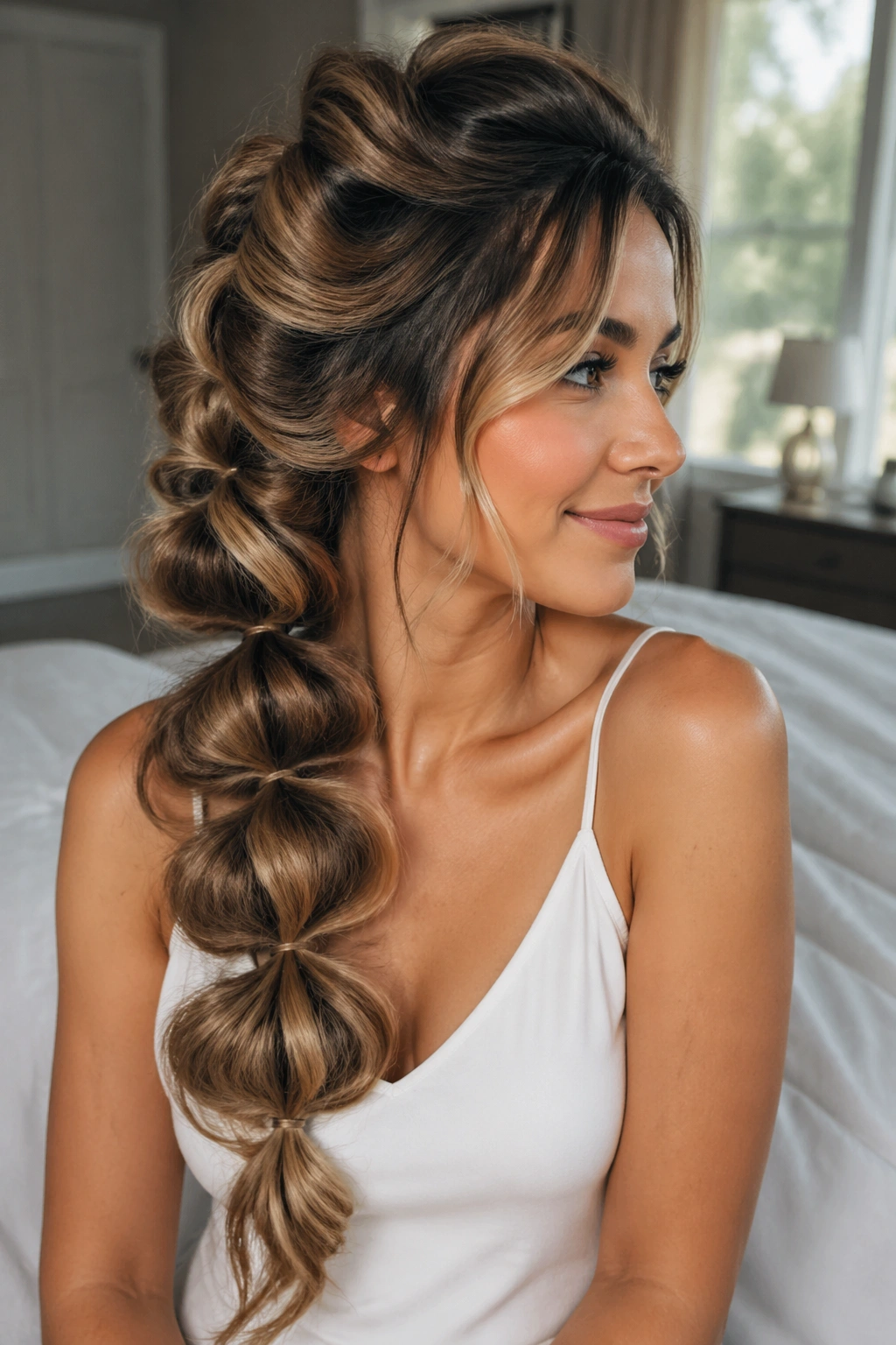Close-up of a real person wearing a pull-through bubble braid with big fluffy sections in natural window light