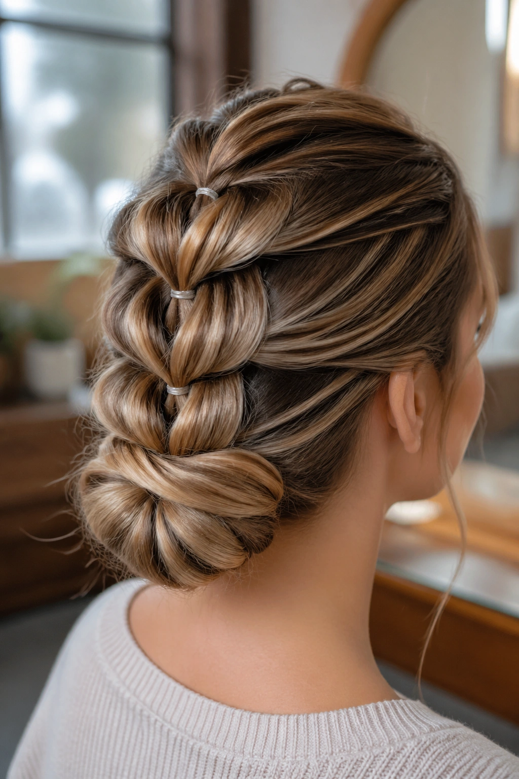Close-up of a real person with a pull-through braided bun showing segmented ponytails