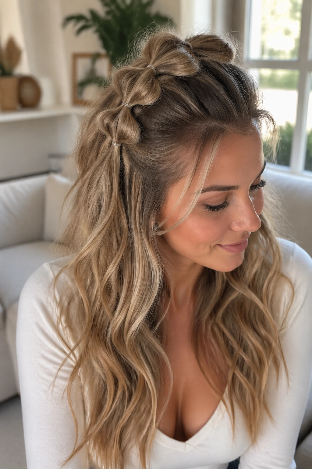 Close-up portrait of a real woman with pull-through half-up braid loops