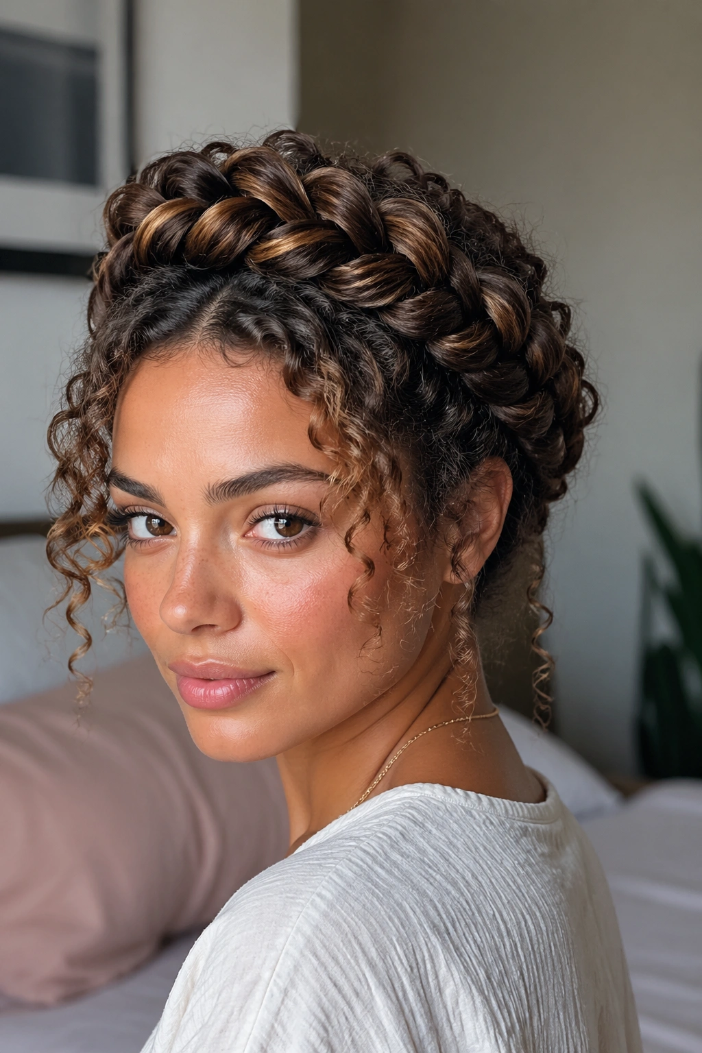 Close-up of a real woman wearing a pull-through halo braid around the crown, curls down