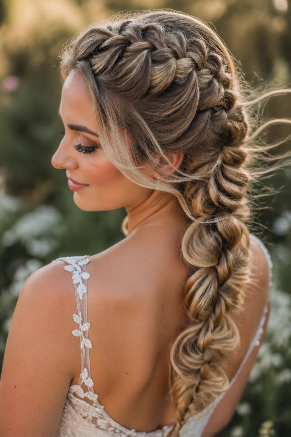 Close-up of a bride with a voluminous pull-through lace braid in an outdoor setting.