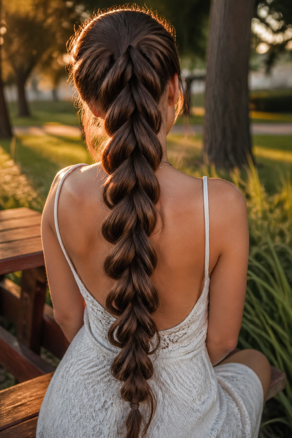 Back-of-head view of a real woman with a pull-through pancake braid in waist-length hair outdoors in warm sun