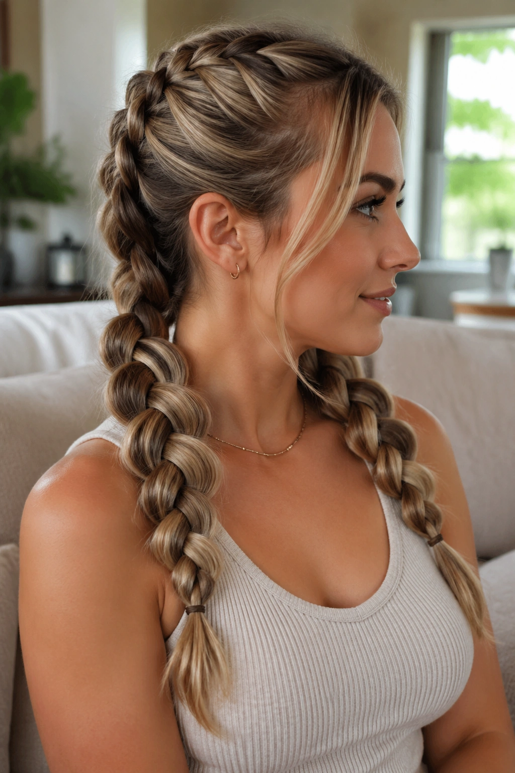 Real woman with pull-through pigtail braids showing stacked woven look