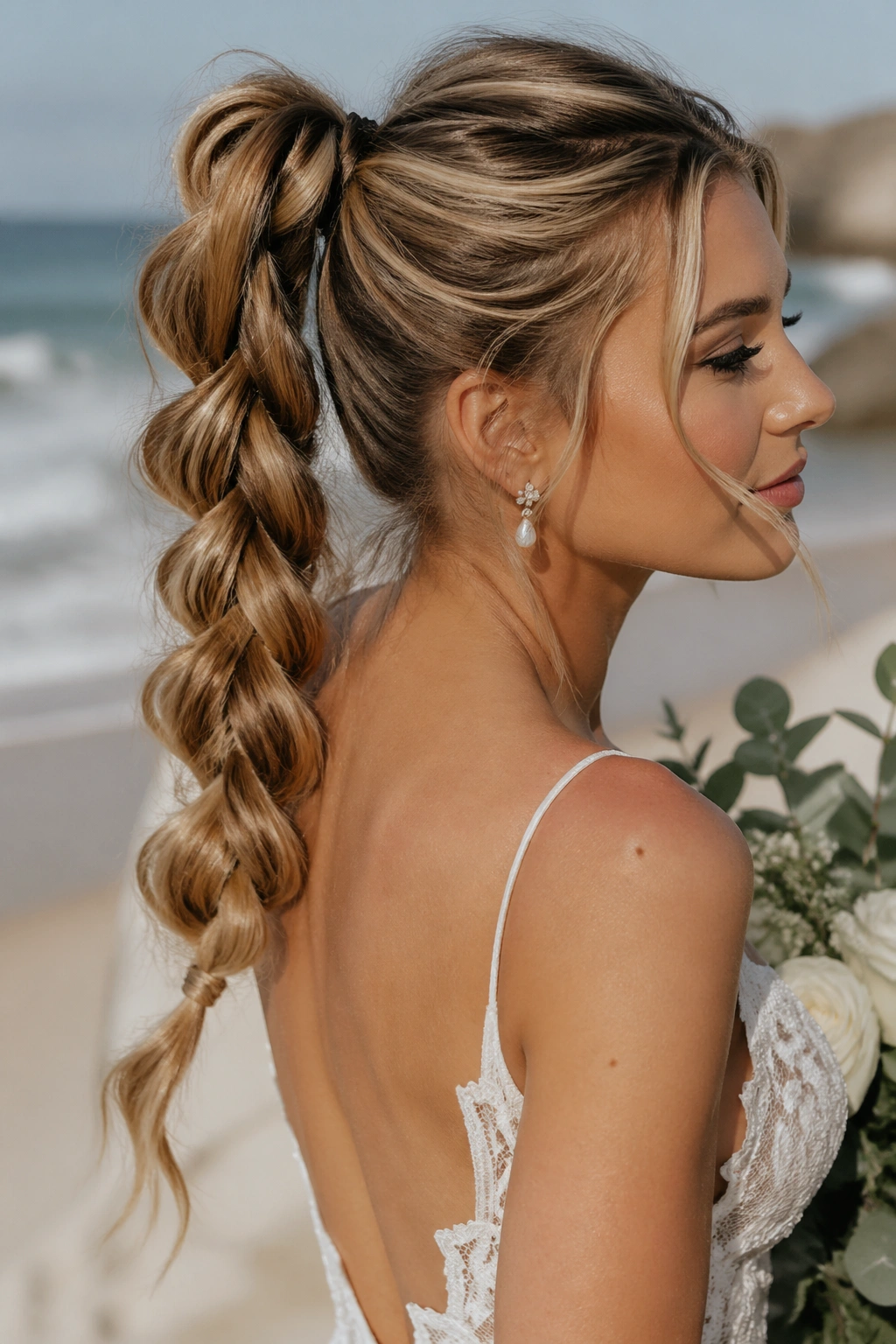 Bride with pull-through rope braid ponytail at the beach