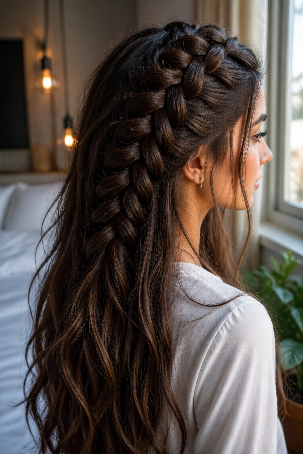 Close-up of a real woman with a pulled-through lace braid on the crown