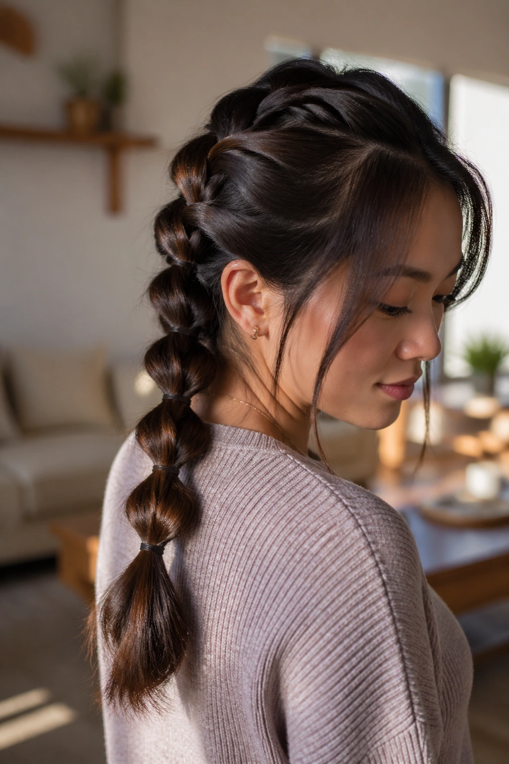 Real woman showing the pull-through braid with looped ponytails.