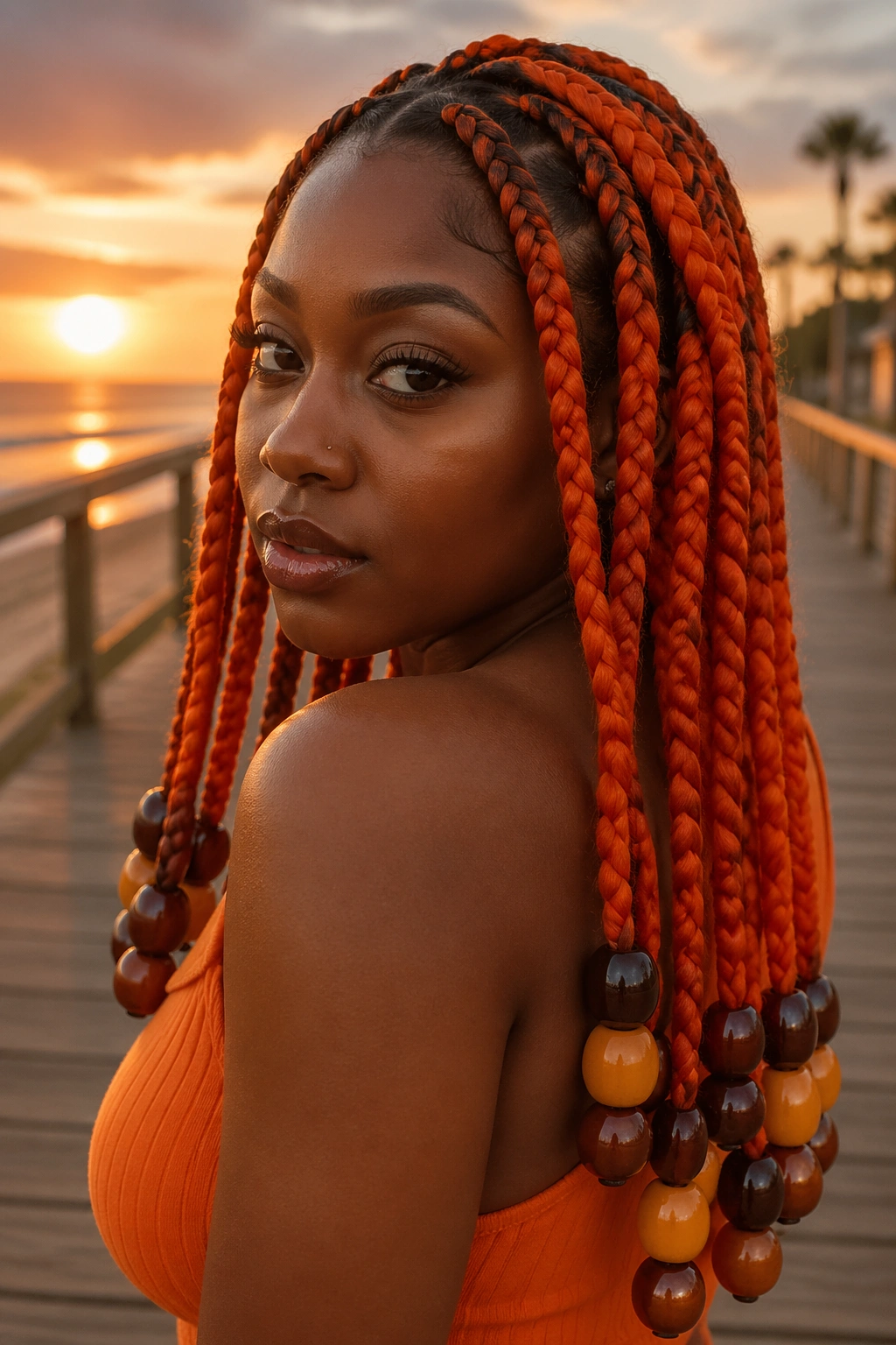 Close-up of a real woman with pumpkin orange jumbo braids and oversized beads
