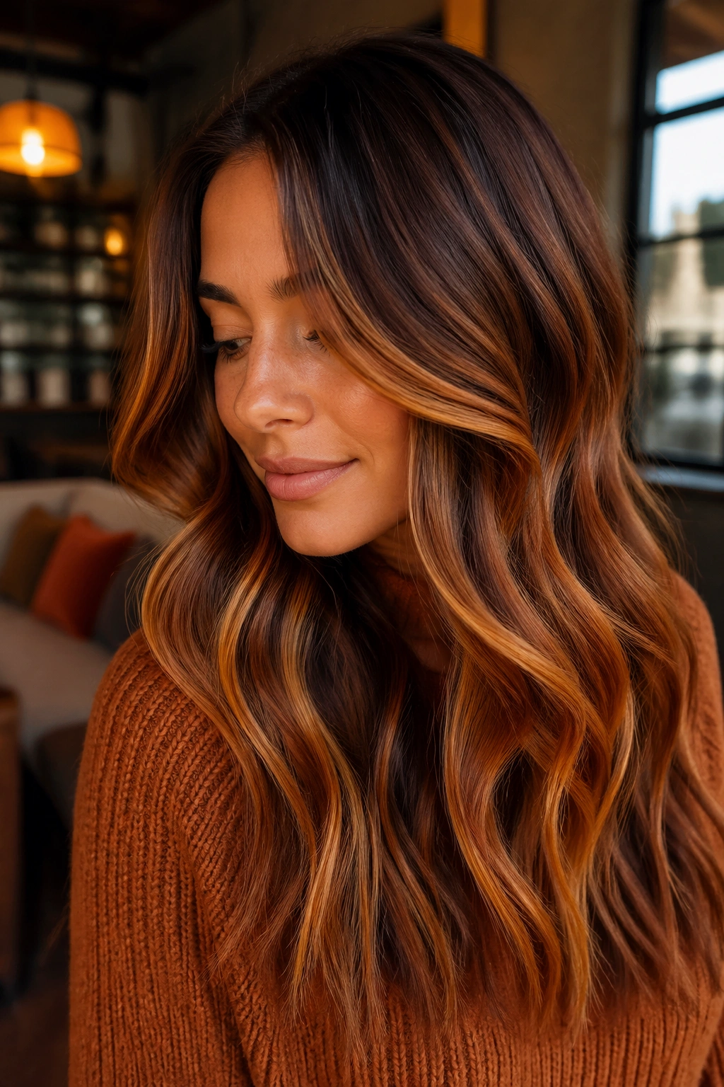 Close-up portrait of a real woman with pumpkin spice balayage hair in warm fall lighting