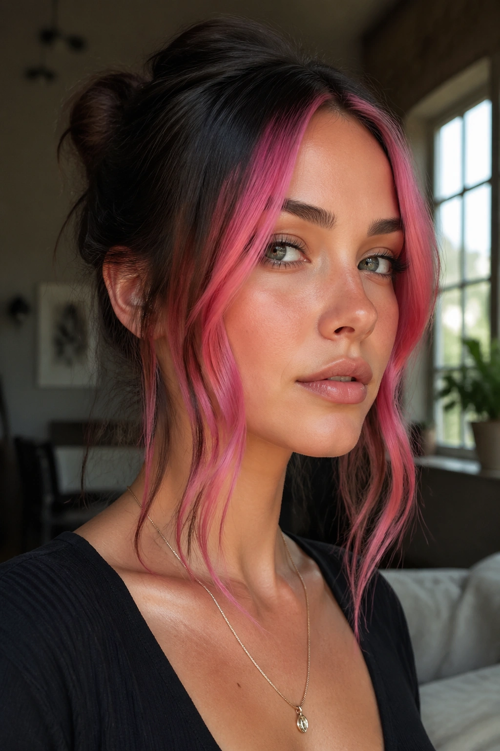 Close-up of a real person with punky pink face-frame hair around the cheeks.