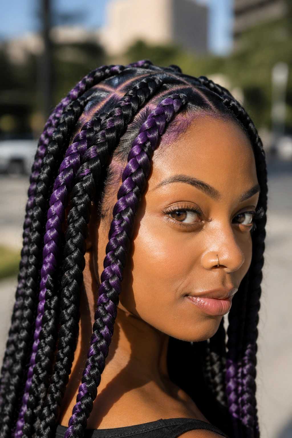 Jumbo box braids with purple accents visible in feed-in sections