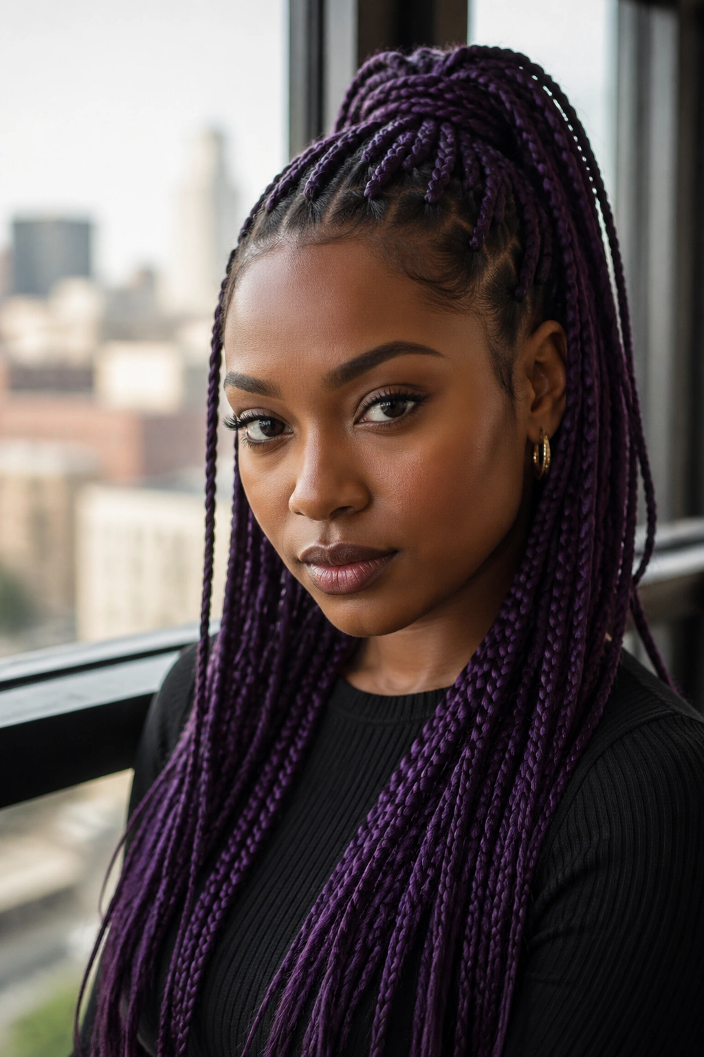 Portrait of woman with purple knotless braids in half-up half-down style