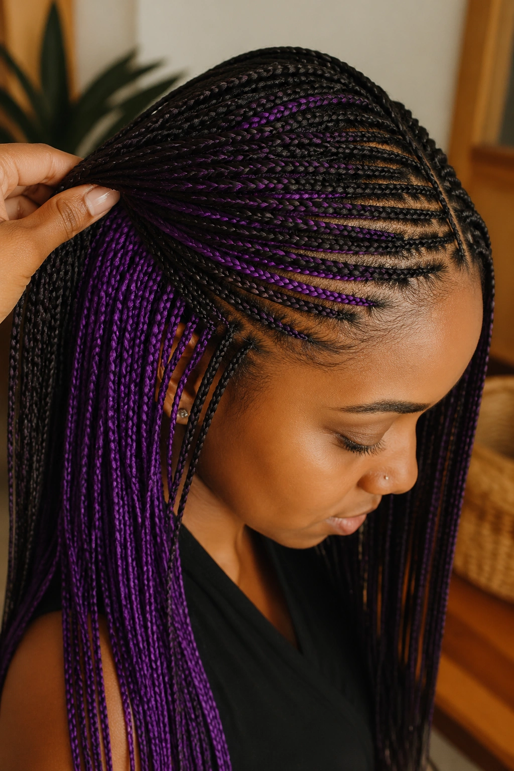 Close-up of micro braids with purple interior visible in the hair.