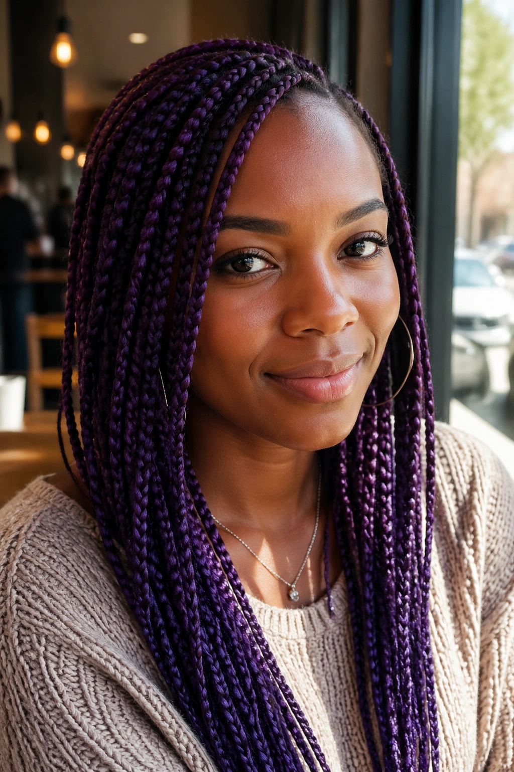 Close-up portrait of a real person with medium purple knotless box braids in a cafe window setting