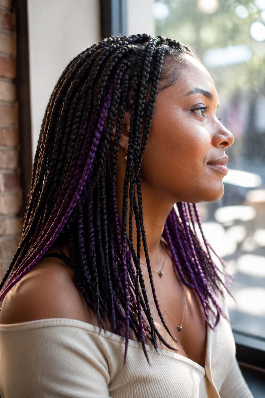 Profile of a real person with medium braids showing purple inside the hair.