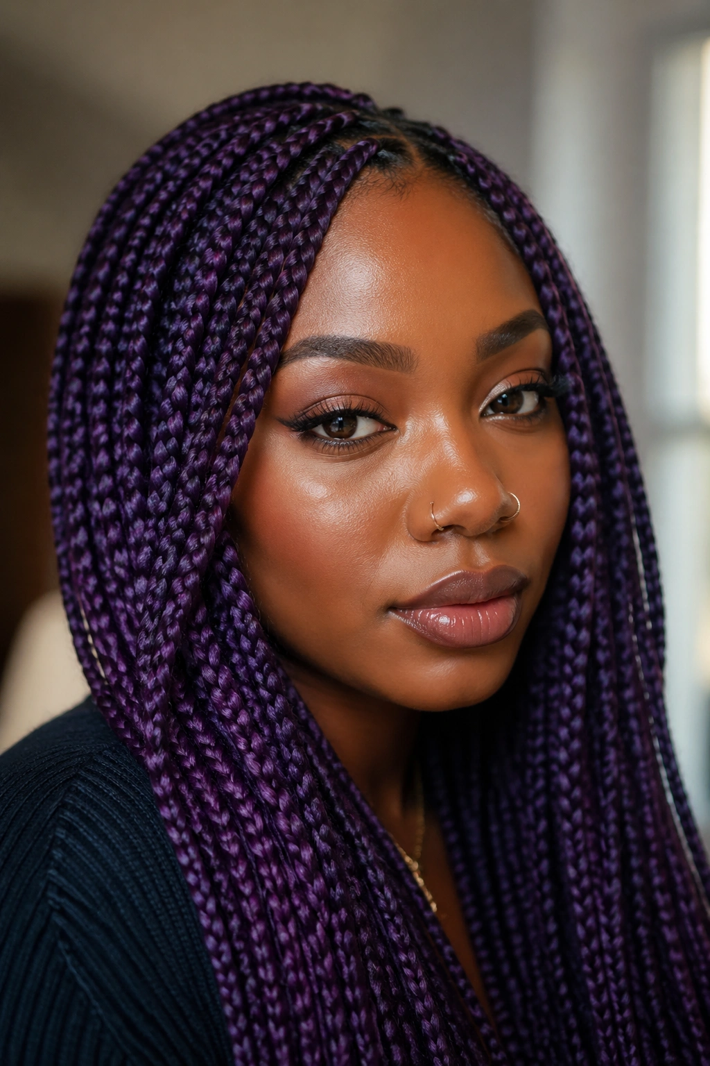 Real person with purple knotless braids in a flattering shade against skin tone