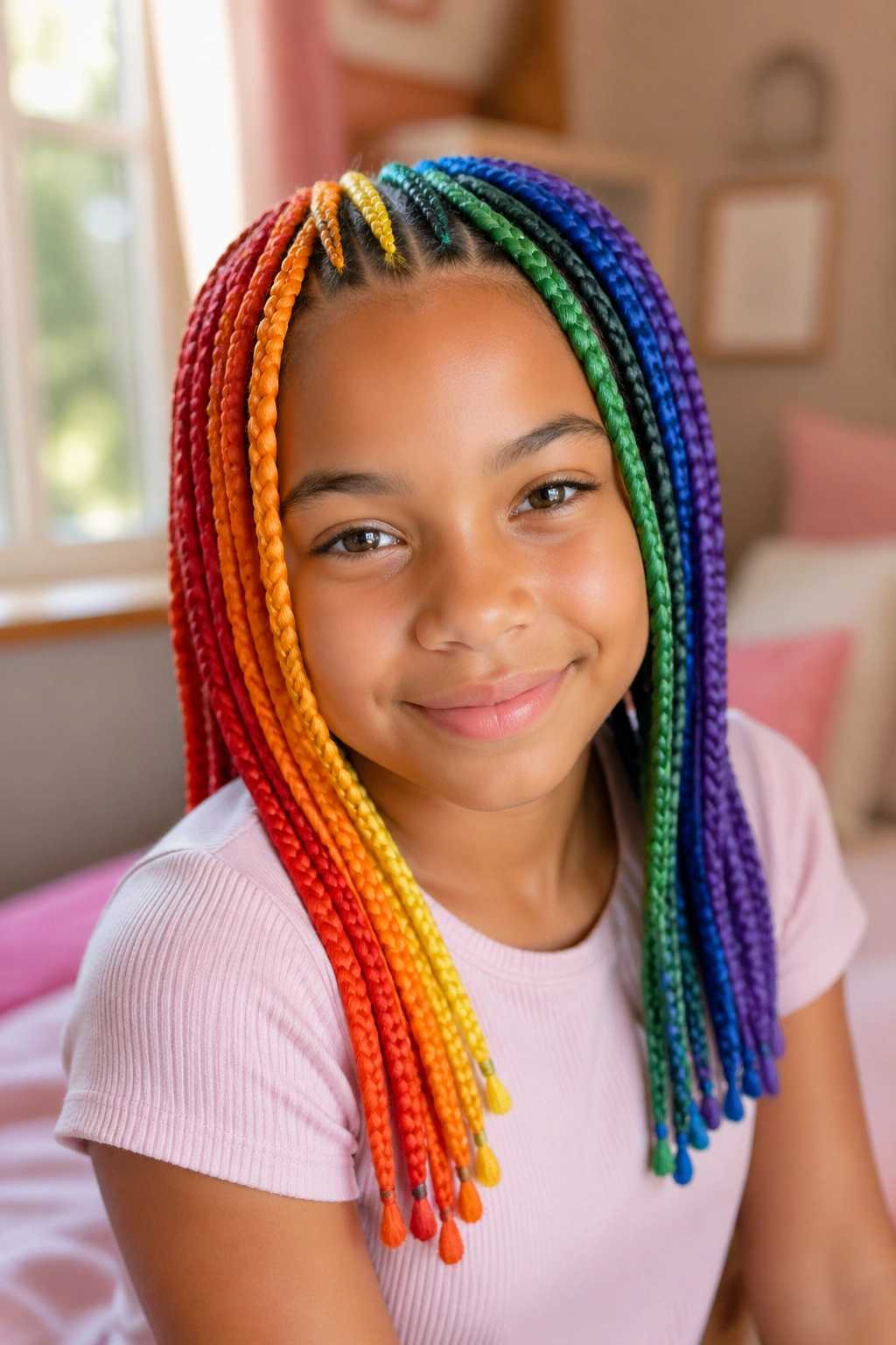 Close-up of a child with rainbow box braids in color-striped rows across the head
