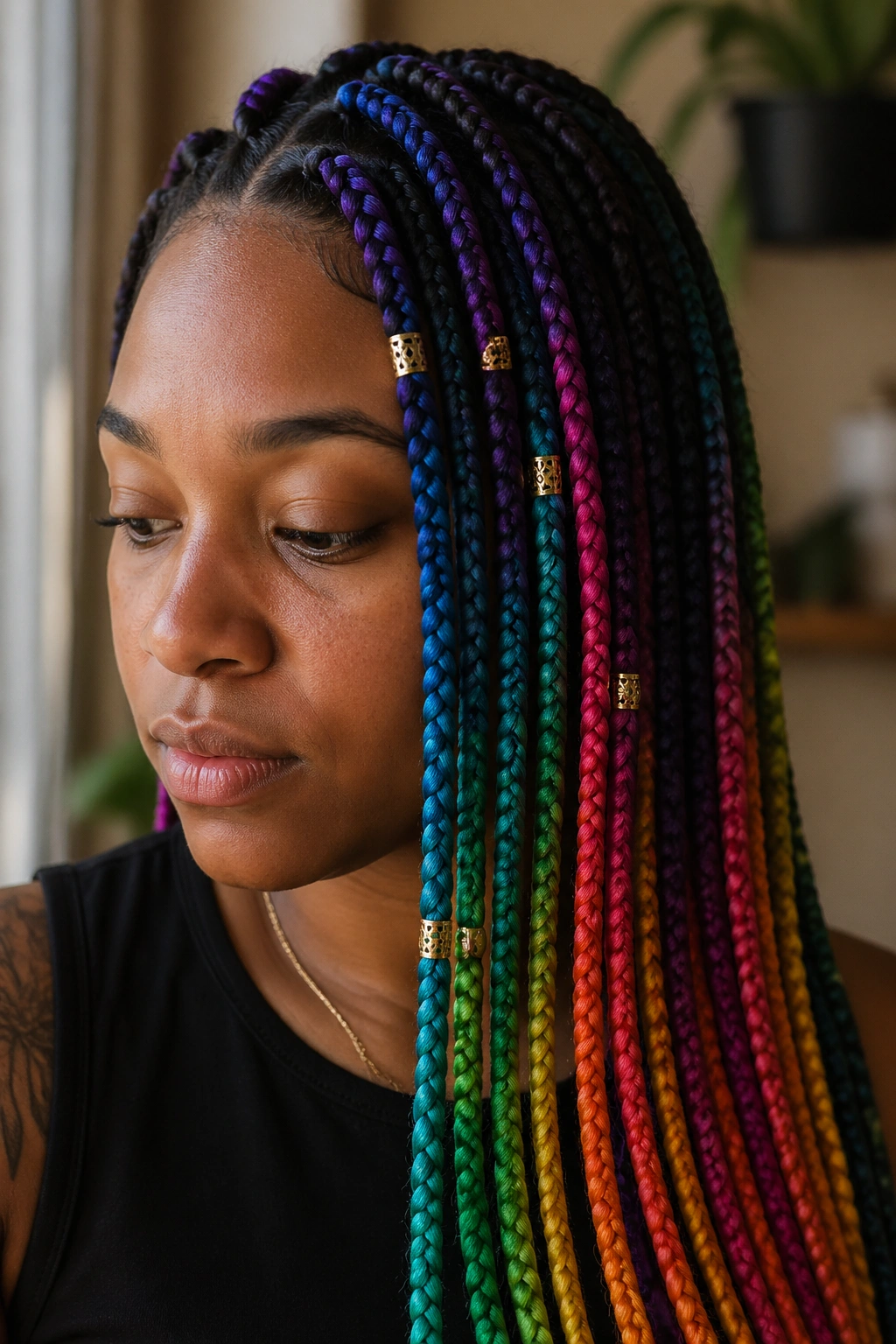 Rainbow braids with cuffs and beads on a real person