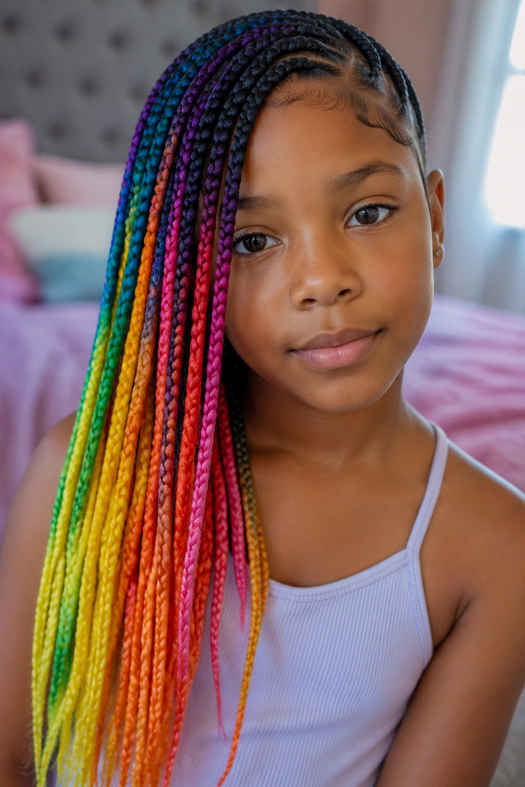Close-up of a child with side-swept rainbow box braids cascading over one shoulder, natural window daylight